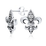 Fleur De Lis Stud Earrings in Oxidized Sterling Silver Men