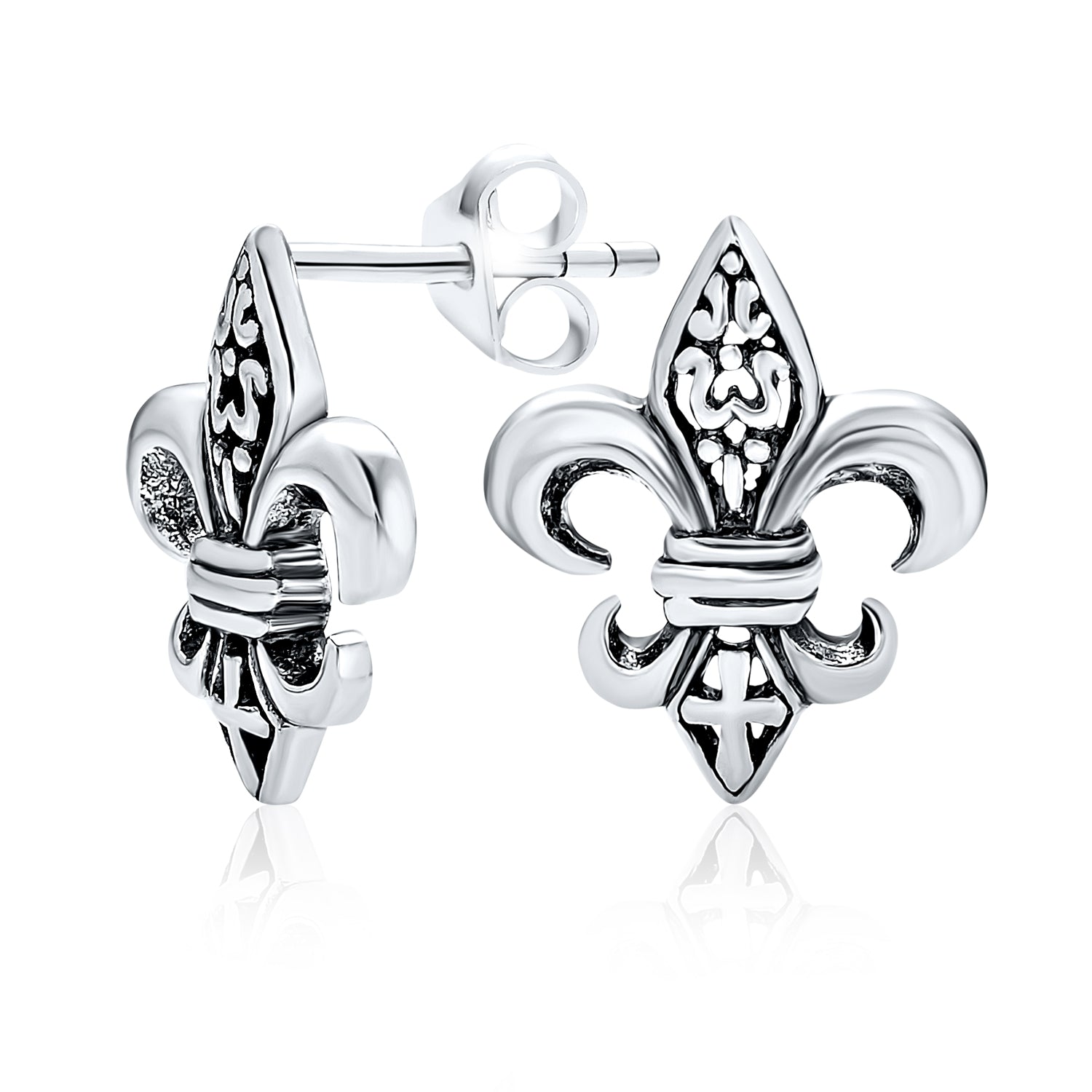 fleur-de-lis-earrings-stud_si-ep440349_1 Fleur De Lis Stud Earrings in Oxidized Sterling Silver Men - Image 1