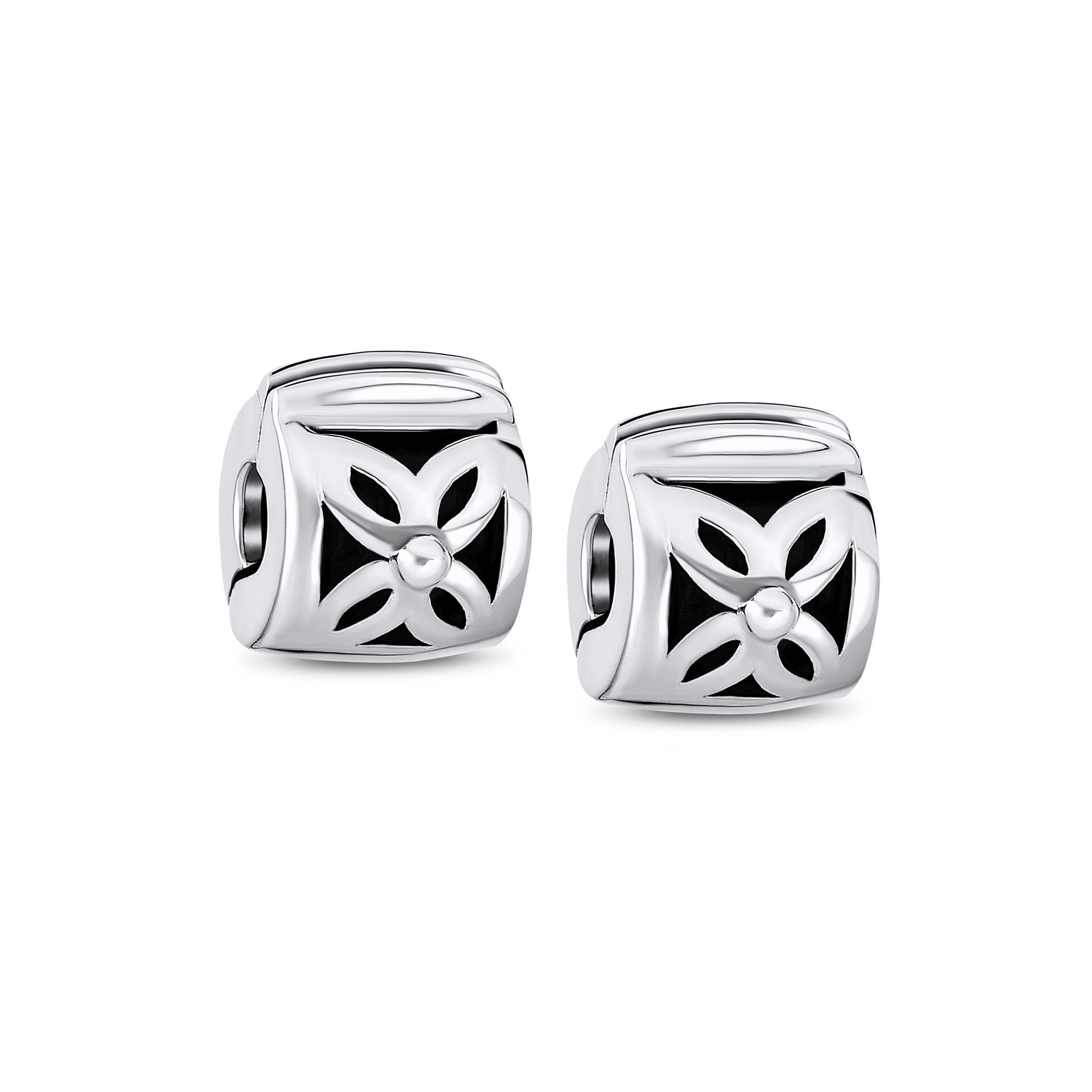 floral-daisy-spacer-bead-pbx-hcl-20dset-az Set of 2 Floral Daisy Clasp Spacer Charm Oxidized Sterling Silver for European Bracelet - Image 1