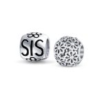 Set of 2 SIS and Heart Flower Filigree Round Bouquet Barrel Charm Bead Silver