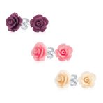 Romantic Set of 3 Floral 3D Carved Red, Purple, Black, Rose Flower Stud Earrings 10MM - Image 2