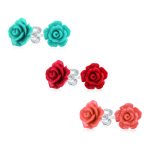 Romantic Set of 3 Floral 3D Carved Red, Purple, Black, Rose Flower Stud Earrings 10MM