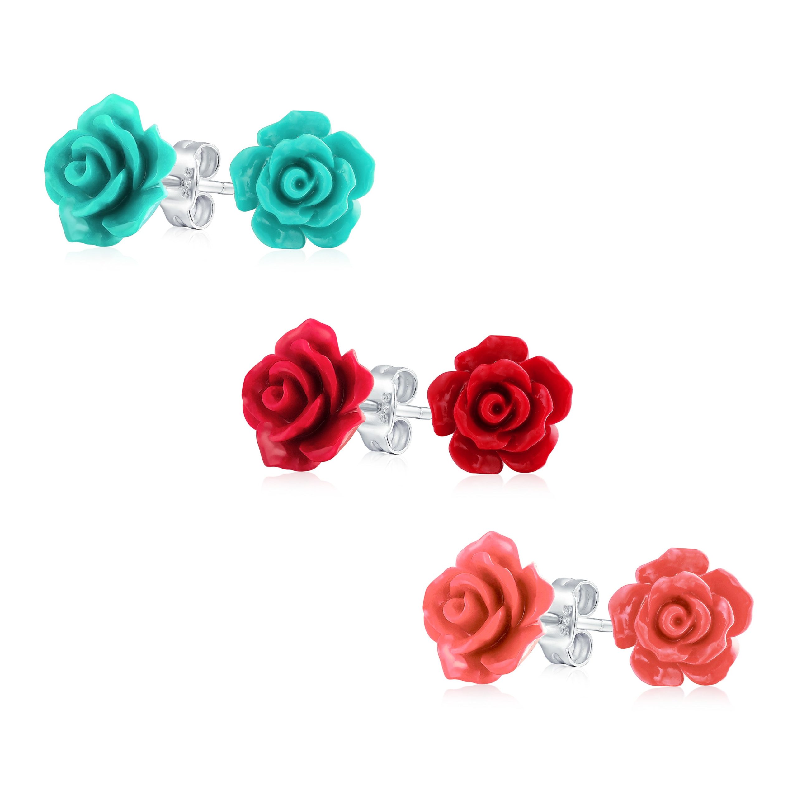 floral_carved_rose_stud_earrings_cb-3751set Romantic Set of 3 Floral 3D Carved Red, Purple, Black, Rose Flower Stud Earrings 10MM - Image 1