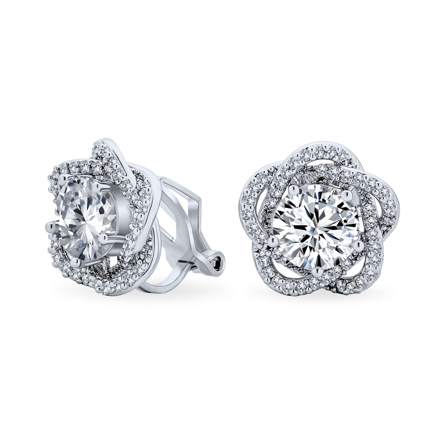 flower-cz-silver-earring-ag-ez-4264si_20_2 Cubic Zirconia CZ 3D Twist Halo Rose Flower Shape Clip On Earrings Non Pierced Ears - Image 1