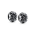 Set of 2 Black Rose Flower Charm Bead Sterling Silver Fits European Bracelet