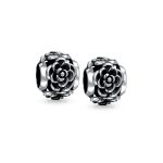 Set of 2 Black Rose Flower Charm Bead Sterling Silver Fits European Bracelet