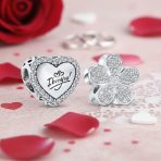 Set of 2 Words I LOVE YOU Crystal Heart & CZ Flower Bead Charm Sterling Silver - Image 2