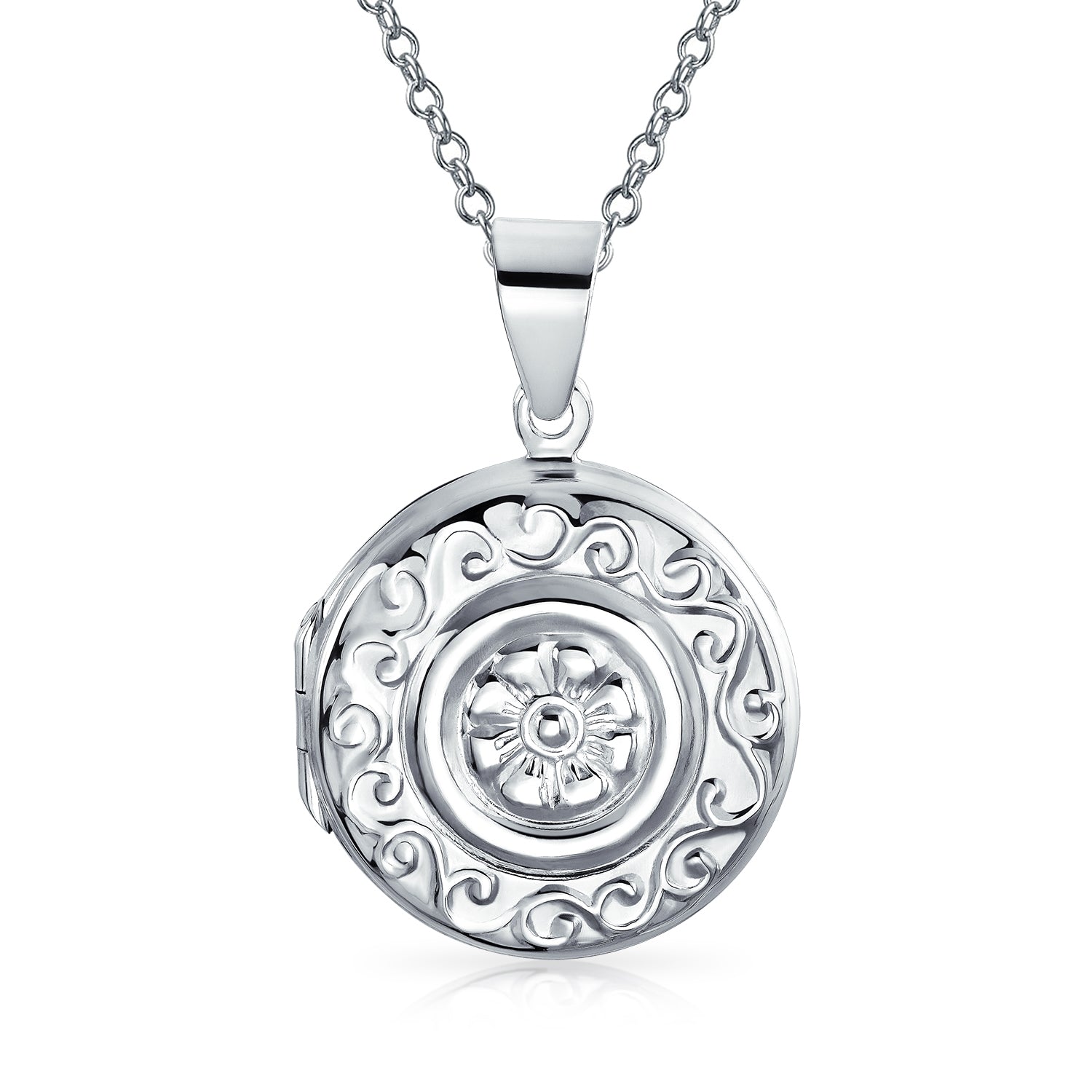 flower-silver-locket-pendant-necklace_sstr-lcet13-az_1 Embossed Boho Scroll Flower Sterling Silver Locket Necklace for Photos - Image 1