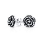 Retro Vintage Floral Black Rose Stud Earrings in Oxidized Sterling Silver 8MM