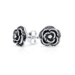 Retro Vintage Floral Black Rose Stud Earrings in Oxidized Sterling Silver 8MM