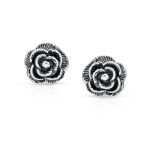 Retro Vintage Floral Black Rose Stud Earrings in Oxidized Sterling Silver 8MM - Image 2