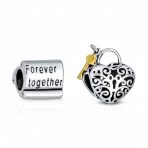 Set of 2 Word Mantra Forever Together & Heart Lock Charm Bear Sterling Silver