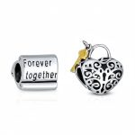 Set of 2 Word Mantra Forever Together & Heart Lock Charm Bear Sterling Silver