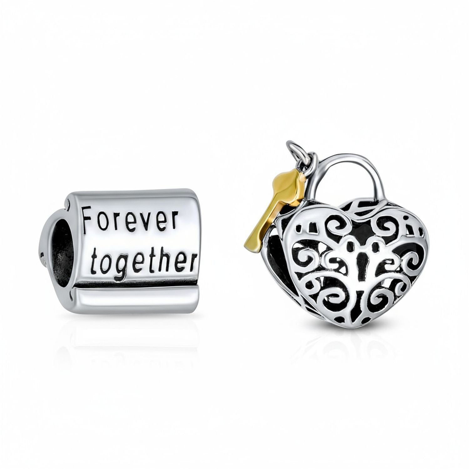 forever-together-love-heart-charm-combo_pbx-d-s2129-set-az Set of 2 Word Mantra Forever Together & Heart Lock Charm Bear Sterling Silver - Image 1