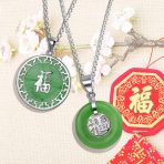 Asian Good Fortune Fu Symbol Green Jade Disc Pendant Necklace Gold Plated .925 Sterling Silver - Image 8