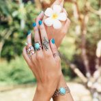 Western Style Filigree Oval Cabochon Full Finger Statement Blue Turquoise Ring Oxidized Sterling Silver - Image 4