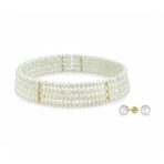 4-Row Freshwater Cultured Pearl Choker & 10K Gold Button Stud Earrings Set