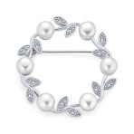 White Freshwater Cultured Pearl Circle Leaf Scarf Brooch Pin Sterling Silver