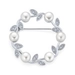 White Freshwater Cultured Pearl Circle Leaf Scarf Brooch Pin Sterling Silver