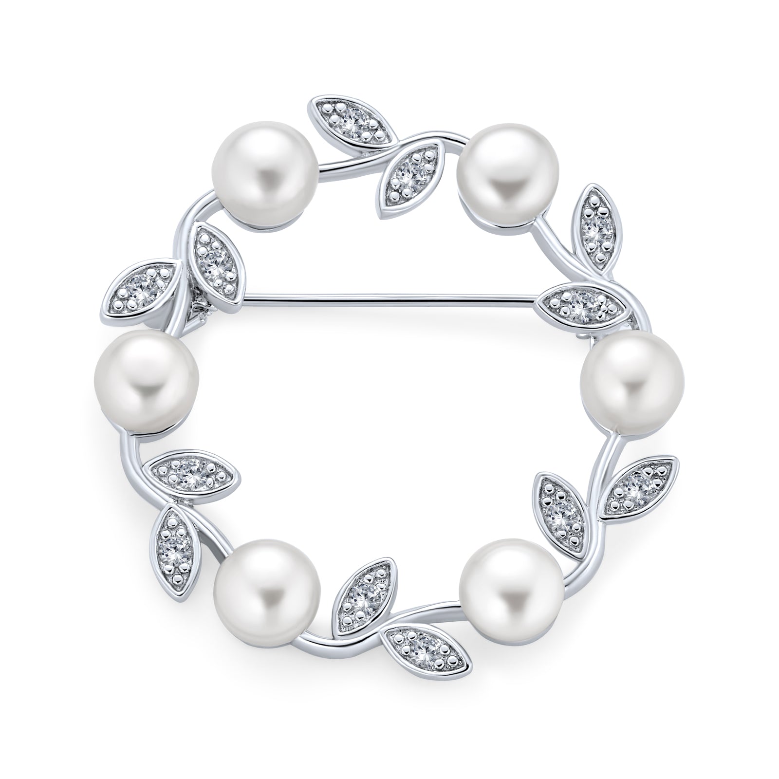 freshwater-pearl-leaf-circle-bridal_g-br-00007r_1 White Freshwater Cultured Pearl Circle Leaf Scarf Brooch Pin Sterling Silver - Image 1