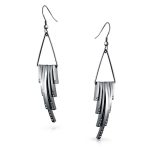 Geometric Art Deco Dangle Earrings with Crystal Accent in Silver Tone Steel - Image 2