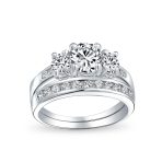 Classic 3CT Round 3 Stone CZ Past Present Future Solitaire Engagement Ring Set Band Sterling Silver