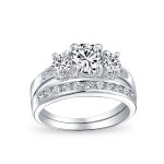 Classic 3CT Round 3 Stone CZ Past Present Future Solitaire Engagement Ring Set Band Sterling Silver