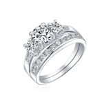 Classic 3CT Round 3 Stone CZ Past Present Future Solitaire Engagement Ring Set Band Sterling Silver - Image 2