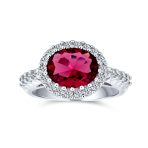 3CTW Oval Solitaire Red Cubic Zirconia CZ Pave Halo Statement Ring Silver Plated - Image 2