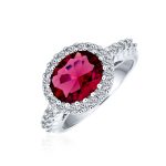 3CTW Oval Solitaire Red Cubic Zirconia CZ Pave Halo Statement Ring Silver Plated