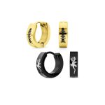 Set of 2 Angel Wings Gecko Lizard Hoop Huggie Earrings Black Gold Plated Steel
