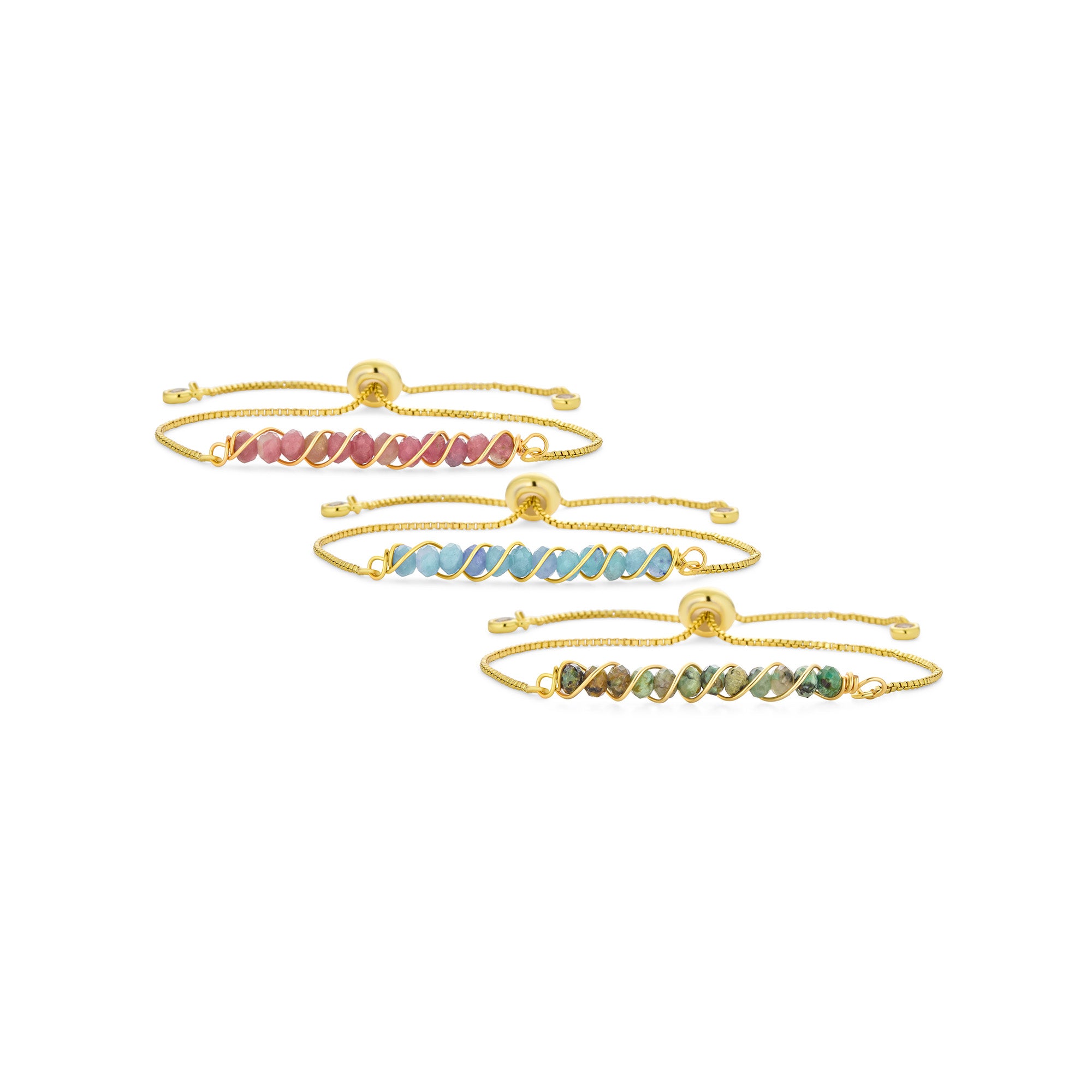 gemstone-bar-wire-pink-turquoise-green-bolo-gold-18k-bracelet-cb-95551-set-az Set of 3 Pink Tourmaline, Aquamarine and Turquoise Bolo Bracelet Gold Plated - Image 1