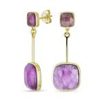 Geometric Square Bar Faceted Gemstone Purple Amethyst Dangle Statement Earrings Gold Plated
