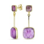 Geometric Square Bar Faceted Gemstone Purple Amethyst Dangle Statement Earrings Gold Plated