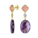 Elegant Dangle Gemstone Earrings with Dusty Rose Crystal & Amethyst Gold Plated