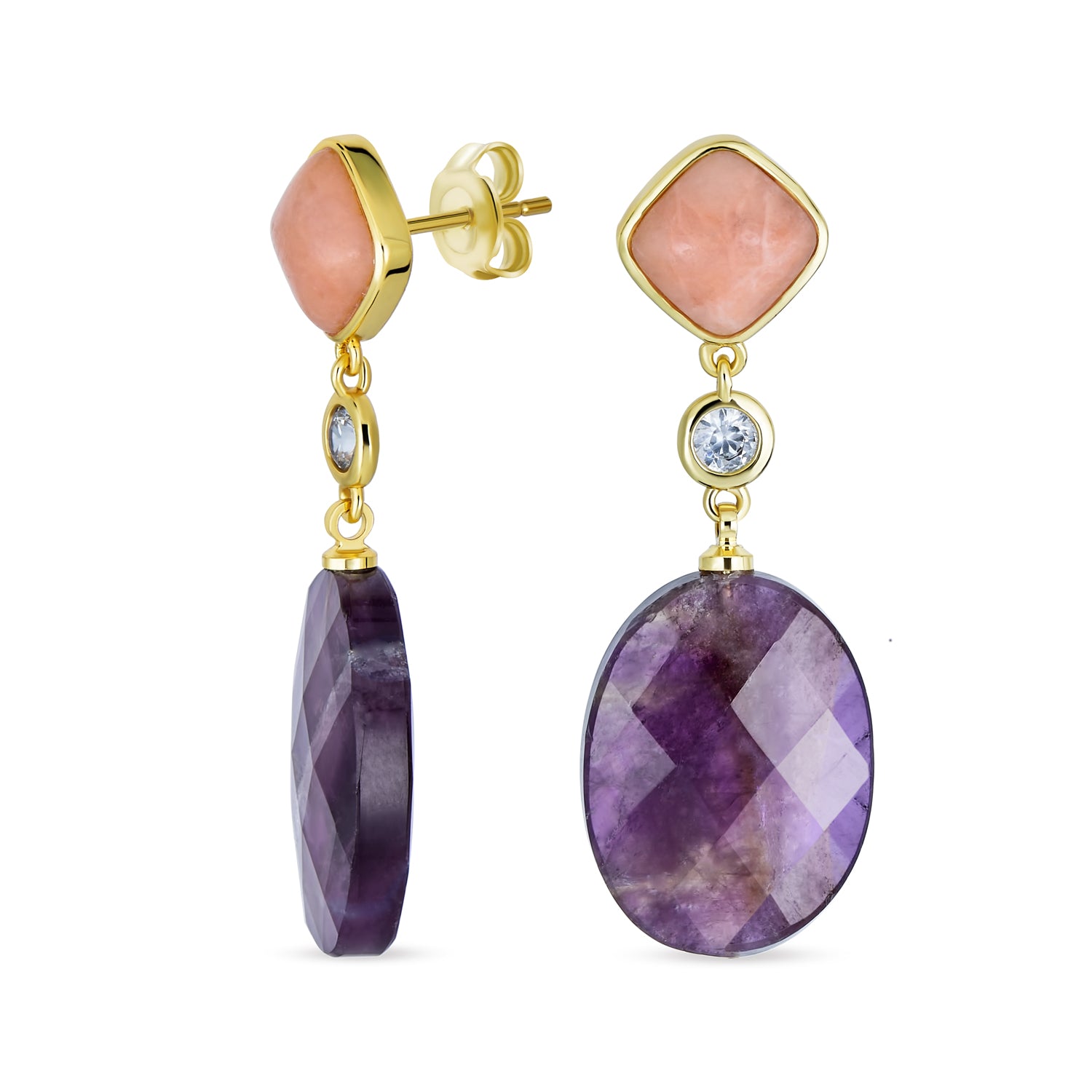 gemstone-crystal-briolette-amethyst-dangle-earring-cb-82114 Elegant Dangle Gemstone Earrings with Dusty Rose Crystal & Amethyst Gold Plated - Image 1