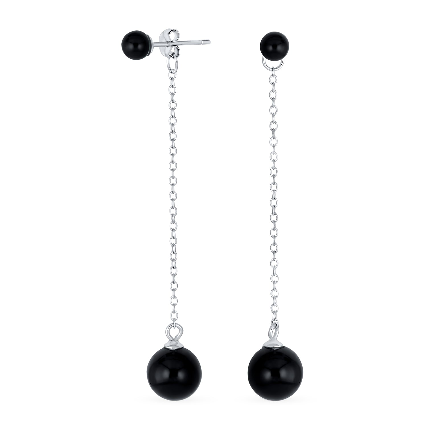 gemstone-dangle-round-onyx-long-wj-swe10328-08a-az-01 Simple Gemstone Dangle Earrings with Black Onyx or Green Jade in Sterling Silver - Image 1