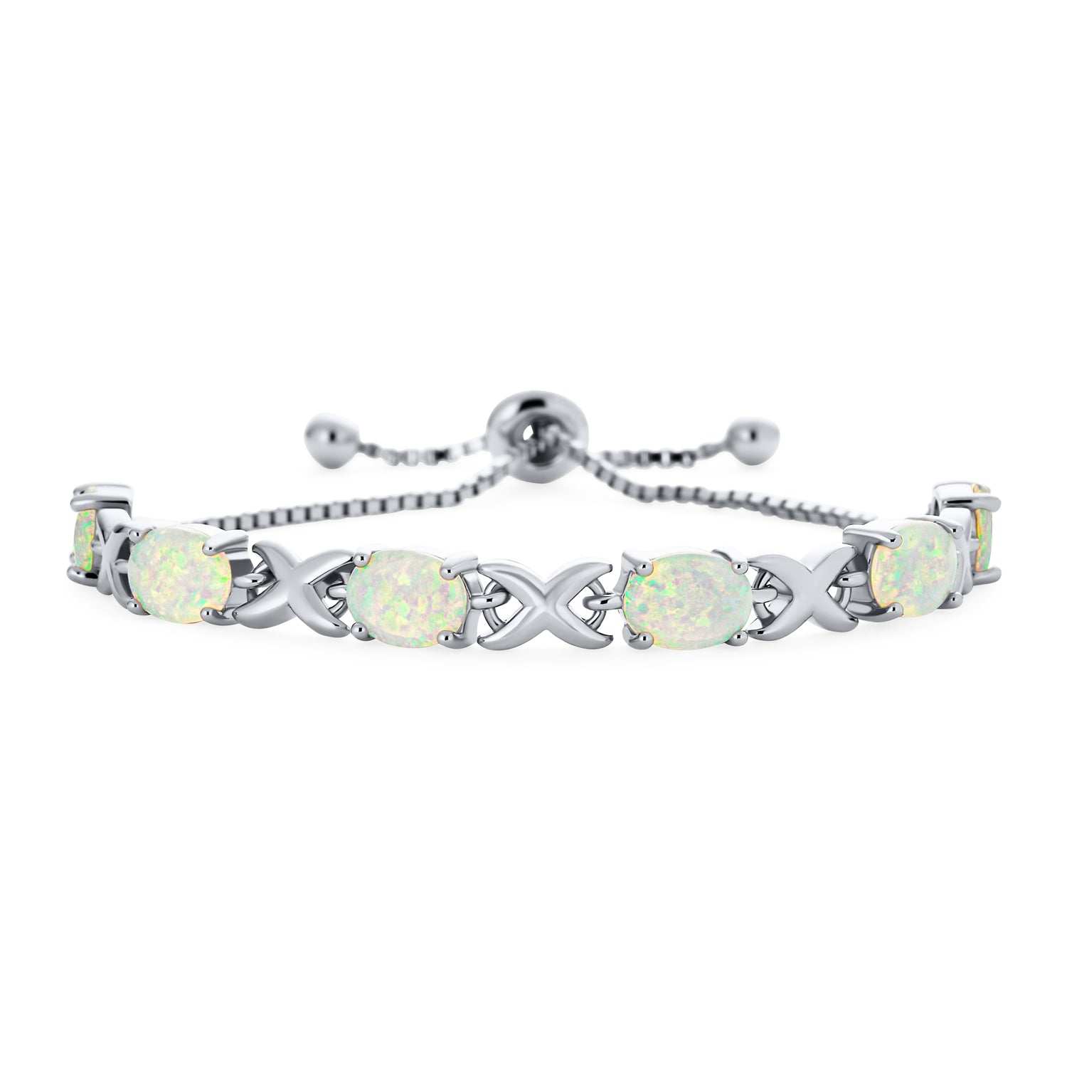 gemstone-infinity-bolo-opal-silver-xny-bs1055a1_01 Gemstone Iridescent Opal Tennis Bracelet Rose Gold Sterling Silver 7" Adjustable - Image 1