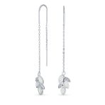 Delicate Marquise Gemstone Leaf Dangle Earrings with Opal Inlay Sterling Silver