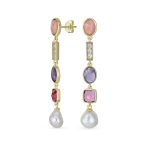 Tri Tone Pearl Tourmaline Amethyst Dangle Gemstone Earrings