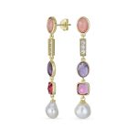 Tri Tone Pearl Tourmaline Amethyst Dangle Gemstone Earrings