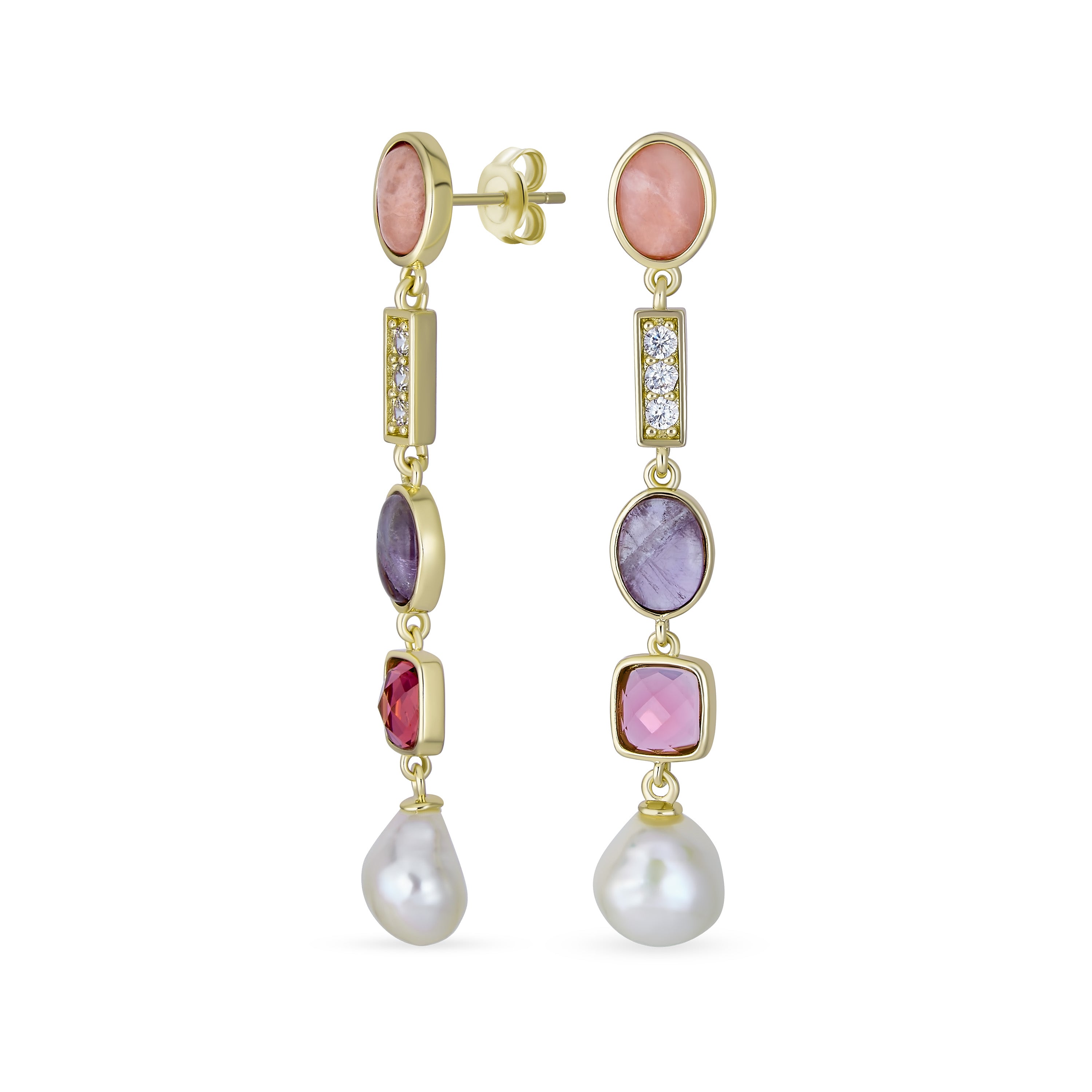 gemstone-pearl-dangle-rose-earrings-cb-85460_11 Tri Tone Pearl Tourmaline Amethyst Dangle Gemstone Earrings - Image 1