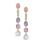 Tri Tone Pearl Tourmaline Amethyst Dangle Gemstone Earrings - Image 2