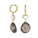 Teardrop Brown Smoky Quartz Gemstone Dangle Earrings Pearl Accent Gold Plated