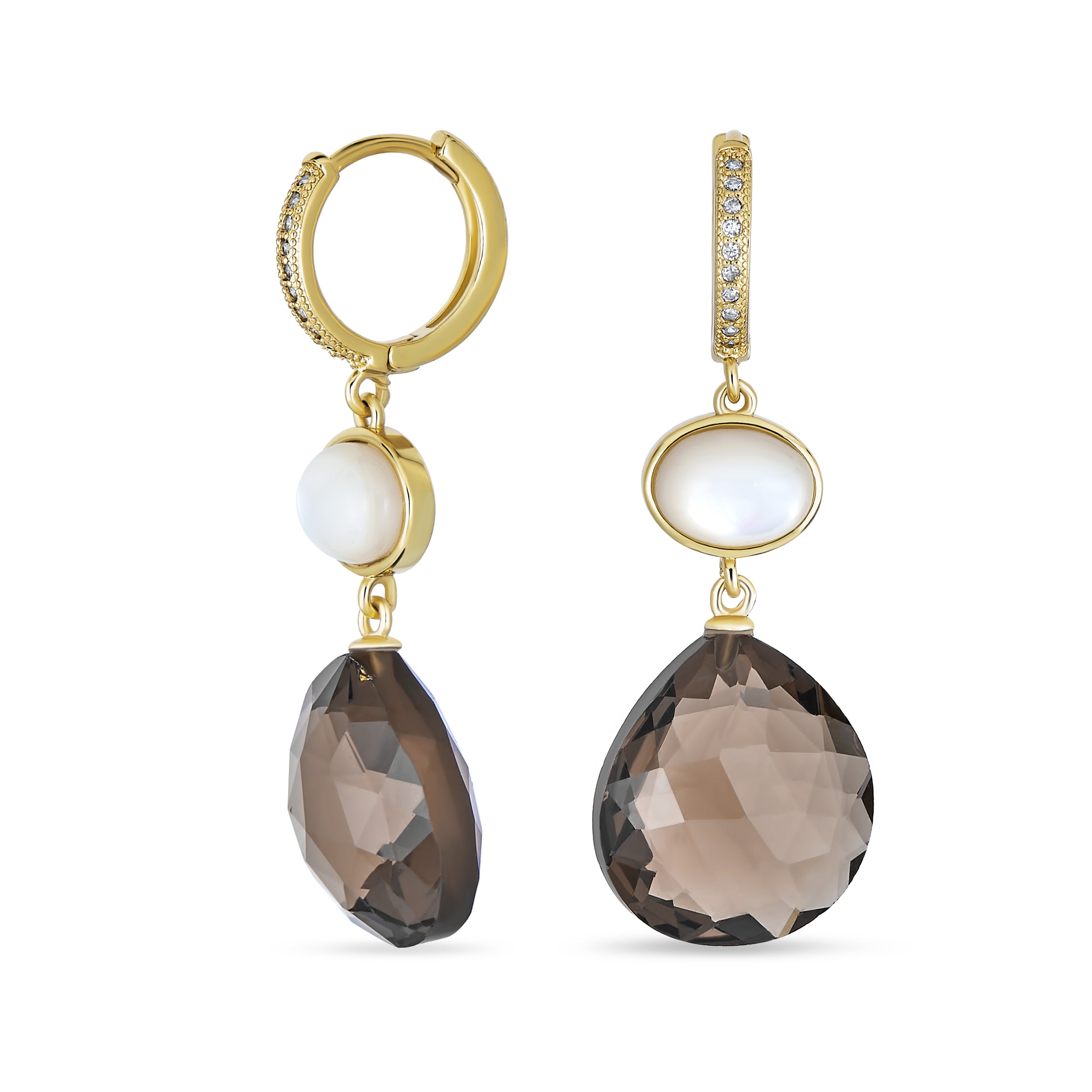 gemstone-pearl-mother-brown-huggie-gold-earring-cb-85503_11 Teardrop Brown Smoky Quartz Gemstone Dangle Earrings Pearl Accent Gold Plated - Image 1