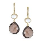 Teardrop Brown Smoky Quartz Gemstone Dangle Earrings Pearl Accent Gold Plated - Image 2