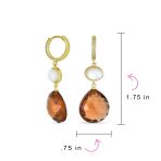 Teardrop Brown Smoky Quartz Gemstone Dangle Earrings Pearl Accent Gold Plated - Image 4