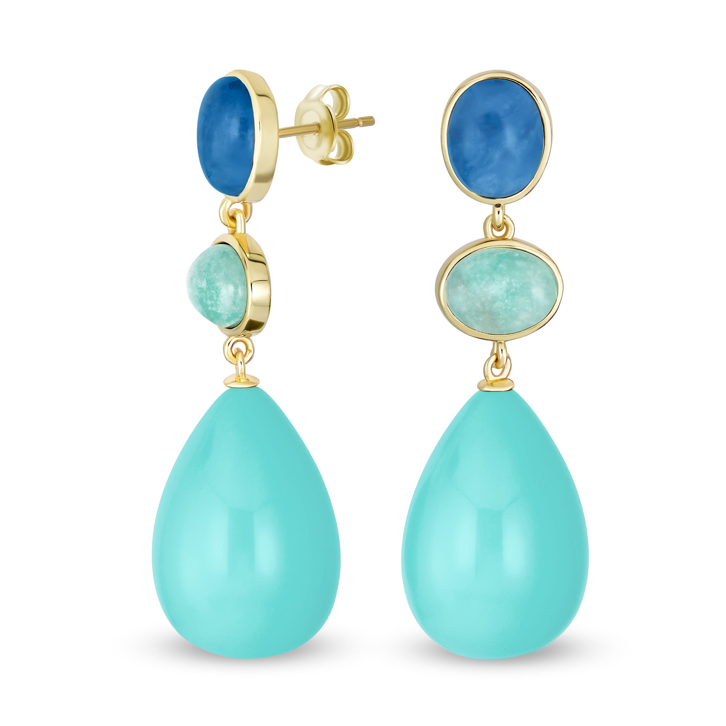 gemstone-turquoise-dangling-teardrop-gold-earring_cb-85462_11 Fashion Tri Color Multi-Tier Statement Oval Teardrop Dangling Earrings - Image 1