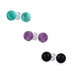 Set of 3 Natural Stone 8MM Bead Ball Stud Earrings .925 Sterling Silver - Image 2