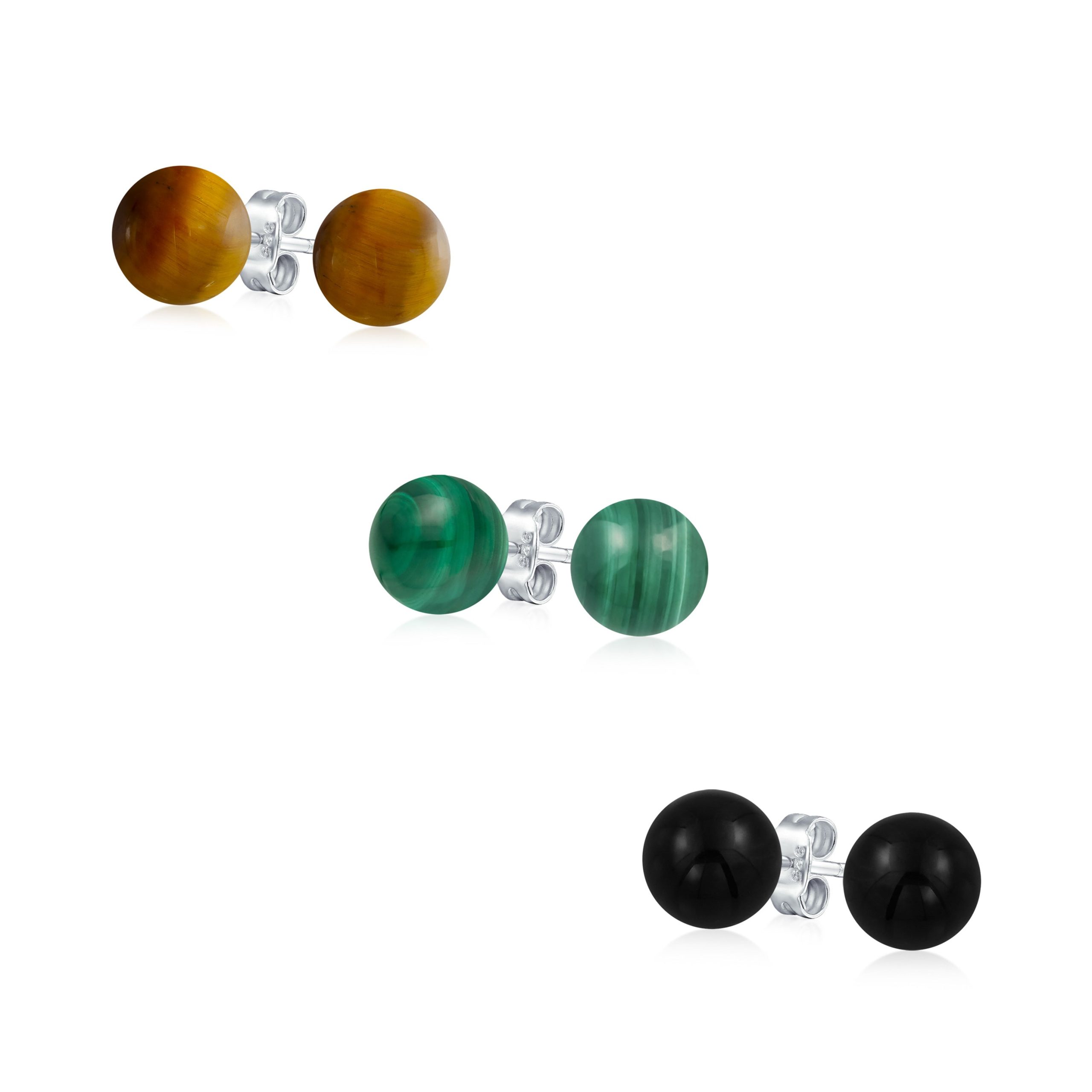 gemstone_onyx_stud_earring_set_cb-bj0613set6m Set of 3 Sterling Silver Stud Earrings with Natural Gemstone Balls 6MM - Image 1